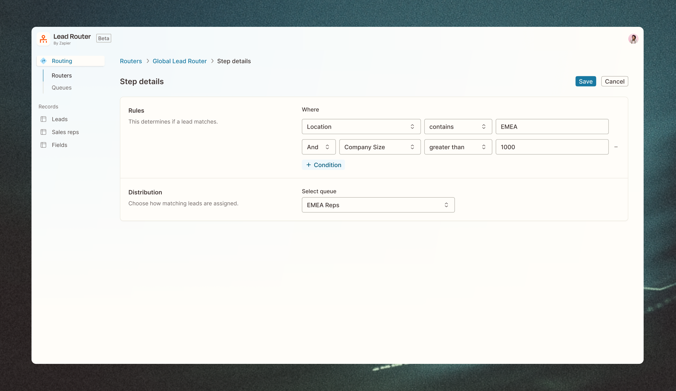 Zapier interface showing Lead router by Zapier