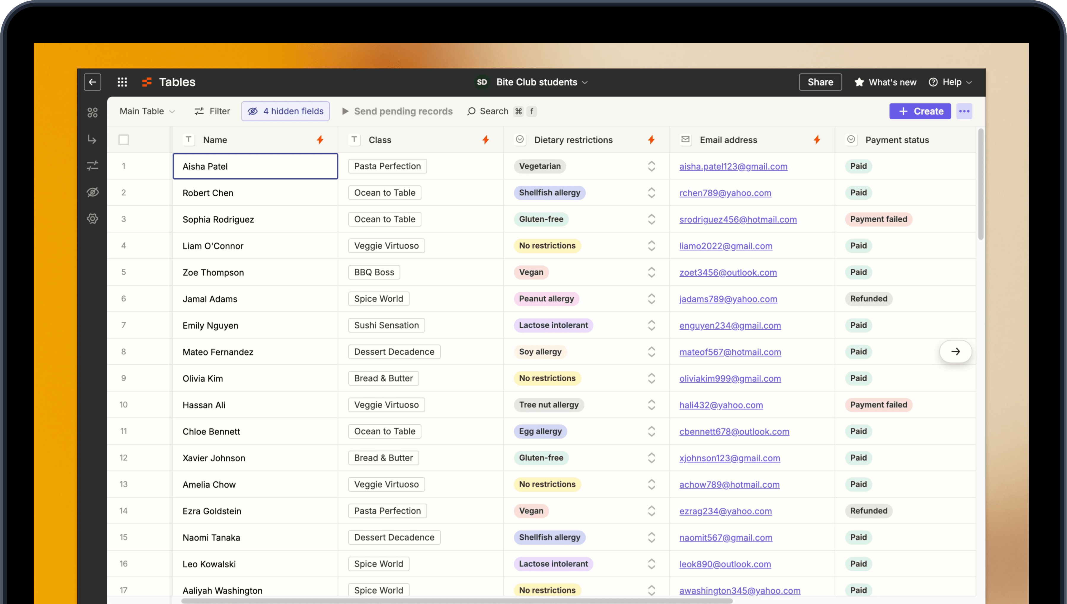 Table filled with data on a laptop screen