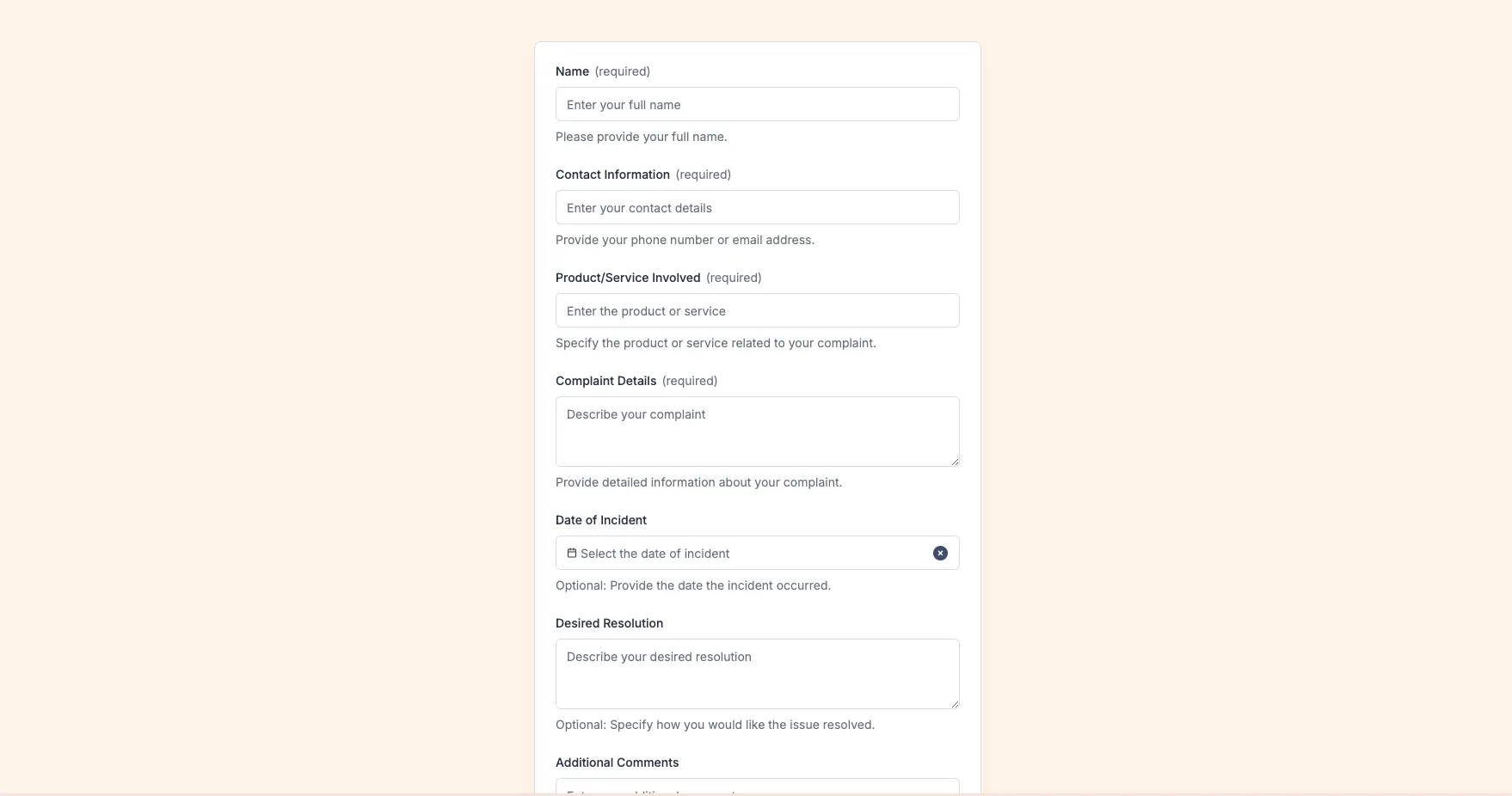 Complaint Form Preview